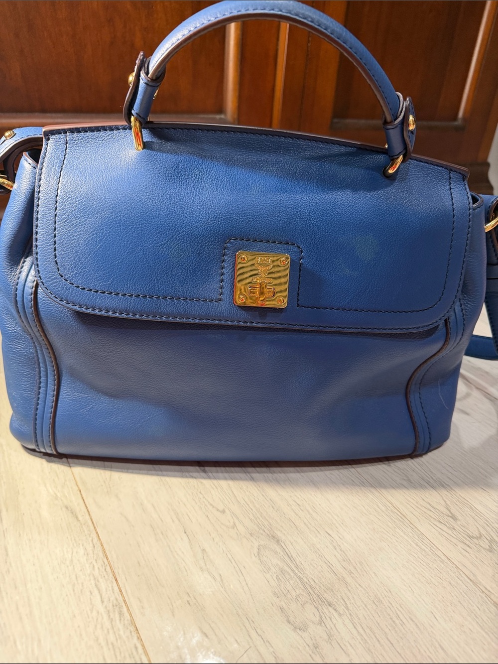 MCM Blue Leather Top-Handle Satchel with Gold Hardware